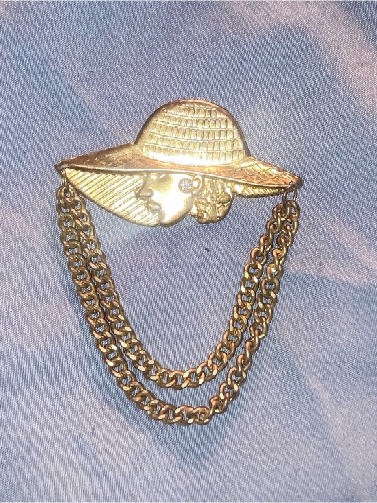 Jewelry - Gold-Tone Woman Hat Face Brooch with Double Chain